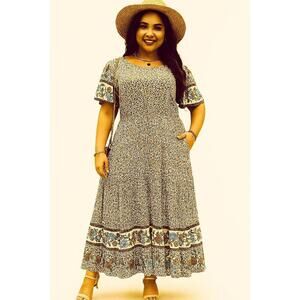 Nemidor Woman's Blue Orange Floral Boho Maxi Dress w/ Pockets, 26